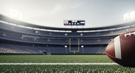 American football. American football placed on vibrant green turf in expansive stadium, with bright lights shining and scoreboard in background, showing the excitement of the sportの素材