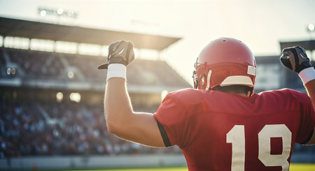 American football. Football player in red jersey celebrates triumph with arms raised, surrounded by enthusiastic fans in a lively stadium setting filled with energyの素材