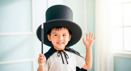 Happy young boy in a black top hat and cape, holding a magic wand, stands in a bright room, radiating joy and the essence of childhood wonder and creativityの素材