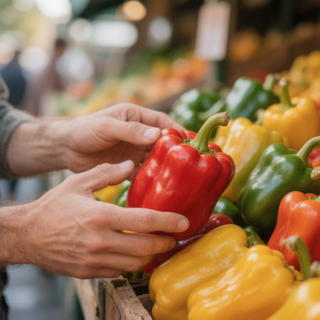 Hands are reaching for a bright red bell pepper among a variety of colorful vegetables at a lively market, emphasizing healthy eating and fresh produceの素材