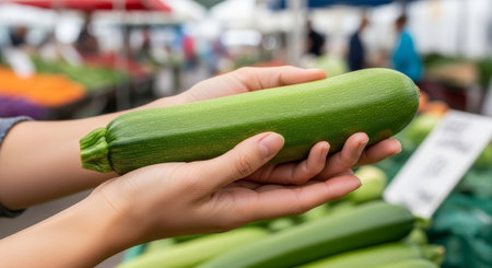Green zucchini is being held in hands at a lively vegetable market, surrounded by an array of fresh produce, emphasizing healthy eating choicesの素材