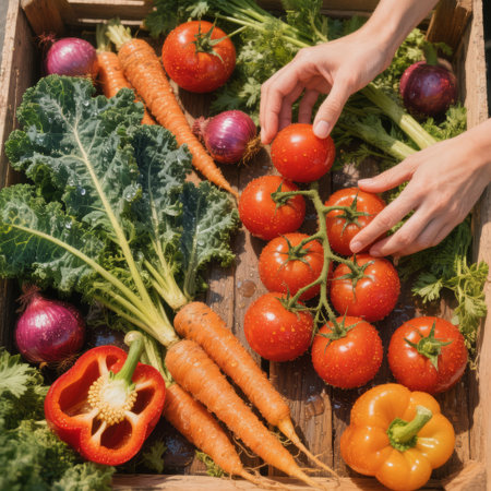 Colorful assortment of fresh vegetables like tomatoes, carrots, and bell peppers displayed in a wooden crate, emphasizing healthy eating and vibrant texturesの素材