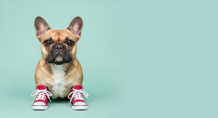Pets. Playful French Bulldog with red sneakers poses on a mint green backdrop, highlighting its charming features and vibrant character in a delightful pet imageの素材
