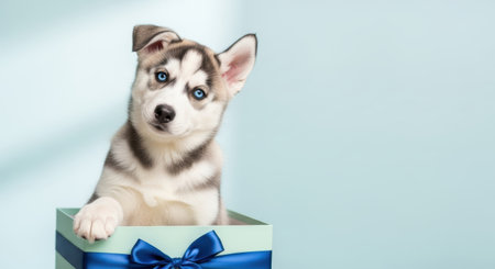 Pets. Cute husky puppy with blue eyes is playfully peeking from a gift box tied with a blue ribbon, evoking a cheerful and festive mood for pet enthusiastsの素材