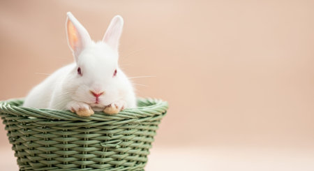 Pets. Adorable white rabbit is nestled in a green woven basket, highlighting its soft fur and playful demeanor, creating a delightful pet atmosphereの素材