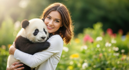 Pets. Woman with brown hair embraces a baby panda in a lush garden, surrounded by blooming flowers, capturing a delightful moment of connection and joyの素材