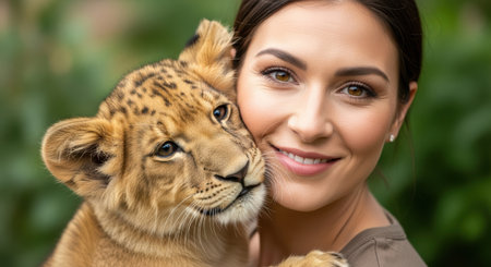 Pets. Female caregiver interacts with a lion cub, surrounded by greenery, emphasizing the connection between humans and animals in a serene atmosphereの素材