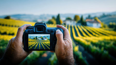 POV first-person view, nature photography with a camera. Hands grasping camera, focusing on picturesque vineyard scene with lush greenery and hillsの素材