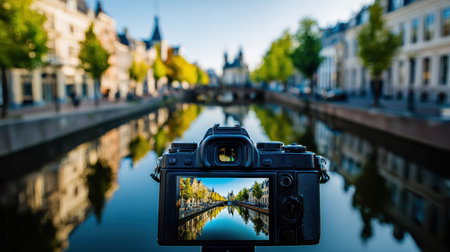 POV first-person view, nature photography with a camera. Camera captures stunning autumn reflections in tranquil canal, highlighting vibrant colors and peaceful ambianceの素材