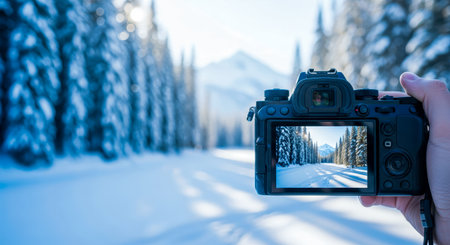POV first-person view, nature photography with a camera. Hand-held camera captures breathtaking winter scene with snow-covered trees and mountainsの素材