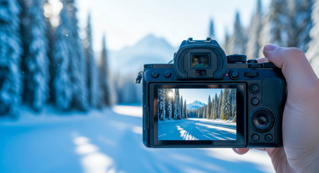 POV first-person view, nature photography with a camera. POV shot of a camera focused on a snowy landscape with tall trees and distant mountainsの素材