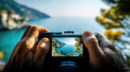 POV first-person view, nature photography with a camera. Capturing breathtaking coastal view with camera, showcasing vibrant waters and lush greeneryの素材