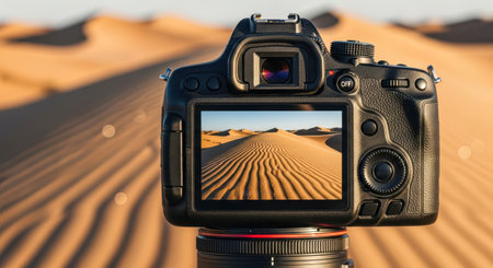 POV first-person view, nature photography with a camera. Camera displays mesmerizing sand dunes in desert, highlighting the beauty of nature and photographyの素材