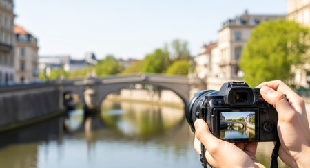 POV first-person view, nature photography with a camera. Hands are holding camera to capture serene river view with bridge and greenery in backgroundの素材
