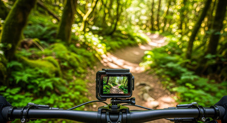 POV first-person view, nature photography with a camera. First-person perspective of bike handlebars with camera focused on vibrant forest pathの素材