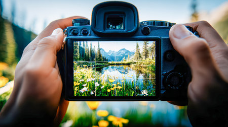 POV first-person view, nature photography with a camera. Hands grasping camera, framing stunning landscape with mountains, flowers, and lake, inviting adventureの素材