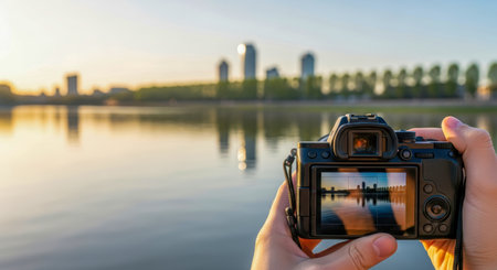 POV first-person view, nature photography with a camera. Hands holding camera, capturing tranquil lake with city skyline reflections at sunsetの素材