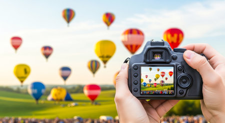 POV first-person view, nature photography with a camera. Camera in hands captures colorful hot air balloons soaring over green fields under clear skiesの素材