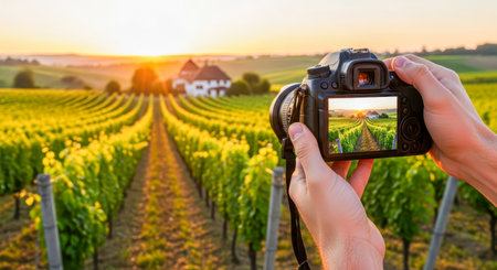 POV first-person view, nature photography with a camera. Hands holding camera, capturing vineyard scene with golden sunset and lush green vinesの素材