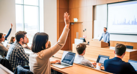 Audience, students, educational process. Students actively participating in a lecture, raising hands to engage with the instructor in a collaborative learning atmosphereの素材