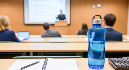 Audience, students, educational process. Students engaged in learning, with a water bottle and notebook in the foreground, creating a focused atmosphereの素材