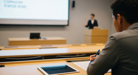 Audience, students, educational process. Attentive student is taking notes in classroom with digital tablet and presentation screen visibleの素材