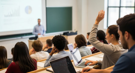 Audience, students, educational process. Students actively participating in classroom discussion, raising hands to engage with teacher's presentationの素材