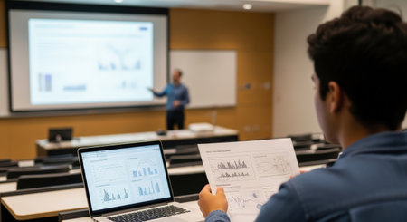 Audience, students, educational process. Student focused on graphs from laptop and paper while instructor presents data in classroom environmentの素材