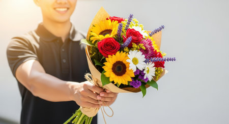 Courier, delivery. Male florist presents a colorful bouquet filled with sunflowers and roses, emphasizing a cheerful delivery atmosphere and floral arrangementの素材