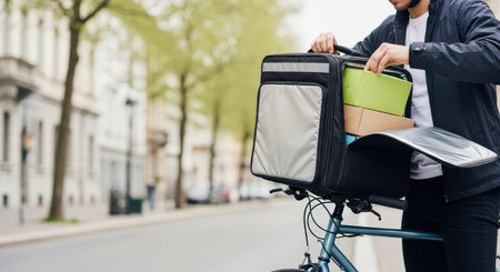 Courier, delivery. Bicycle courier organizes delivery packages in insulated bag, surrounded by urban scenery with trees, highlighting the convenience of modern delivery servicesの素材