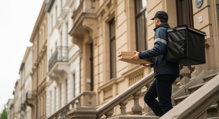 Courier, delivery. Courier ascends stairs with delivery boxes, highlighting the urban environment and the importance of timely service in the delivery industryの素材