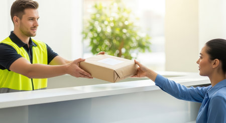 Courier, delivery. Delivery courier in safety vest is handing a package to a woman at a reception desk, highlighting the efficient delivery service experience with copy spaceの素材