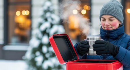 Courier, delivery. Female courier in warm clothing is enjoying hot beverage from delivery box in snowy environment, capturing the essence of winter and holiday cheerの素材