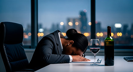 Businesswoman in formal attire, resting her head on desk in modern office, with wine glass and bottle beside her, capturing the emotional toll of alcoholismの素材