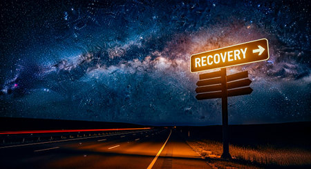 Illuminated road sign points towards recovery, set against a breathtaking starry sky, representing the journey towards healing from alcoholism and personal strugglesの素材