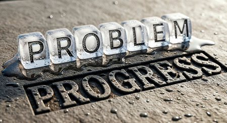 Ice cubes form the word "PROBLEM," melting on a textured surface, while "PROGRESS" is engraved below, representing the journey of overcoming addiction challengesの素材