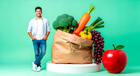 Male figure stands next to a paper bag overflowing with colorful fruits and vegetables, emphasizing nutrition and wellness in a bright, cheerful environmentの素材