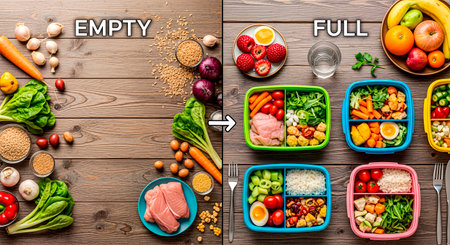 Healthy Eating - Assembling Lunchboxes on a Wooden Tableの素材