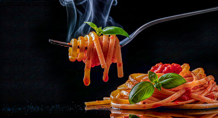Steaming pasta elegantly twirled on a fork, garnished with fresh basil leaves, highlighting rich colors and textures, ideal for food photography and culinary artの素材