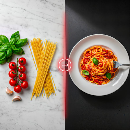 Fresh basil, tomatoes, and spaghetti are arranged on one side, while a beautifully plated pasta dish with sauce and herbs is showcased on the other side, highlighting food artistryの素材