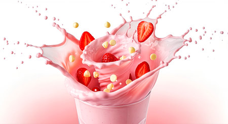 A vibrant pink smoothie with strawberries splashes in a glass, creating dynamic droplets and showing a refreshing beverage with playful textures and colorsの素材