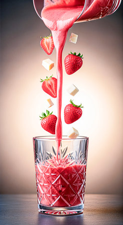 Strawberry smoothie is being poured into a crystal glass, with fresh strawberries and ice cubes suspended in the air, creating a vibrant and refreshing sceneの素材