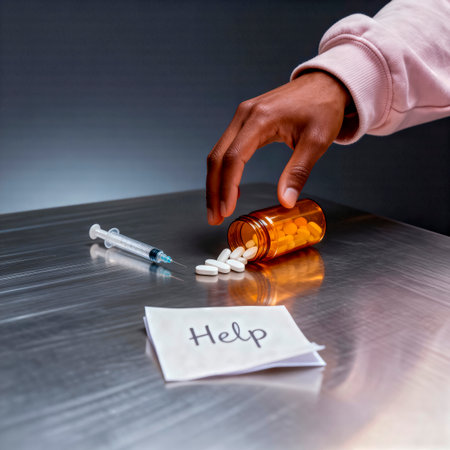 African American hand reaches for pill bottle on reflective surface, with syringe and help note nearby, symbolizing the urgent need for assistance in overcoming addictionの素材