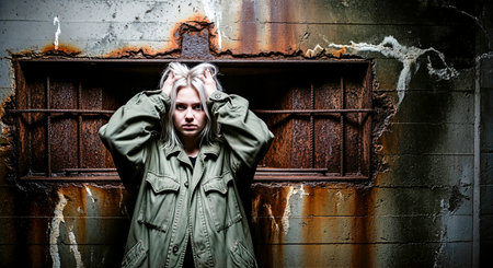 Female figure with tousled hair, dressed in a large green jacket, poses against a weathered wall, conveying emotions of hopelessness and the impact of addictionの素材