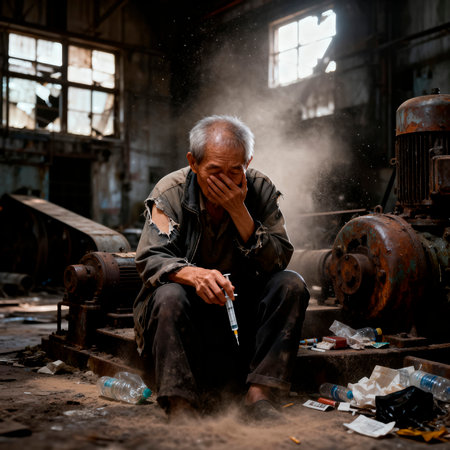 Elderly man in tattered clothing, sitting on dusty floor of derelict factory, holding syringe, conveying deep emotional struggle related to drug addiction and its consequencesの素材