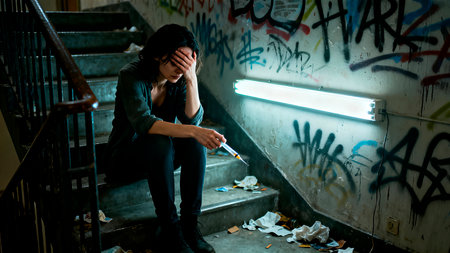 Female figure seated on staircase in derelict setting, holding syringe, with graffiti-covered walls and scattered debris, illustrating the harsh reality of addiction and emotional turmoilの素材