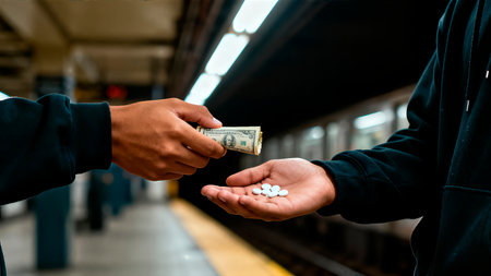 Hands are seen exchanging cash for pills in a subway station, illustrating the dark reality of drug addiction and the illicit trade involved in substance abuseの素材