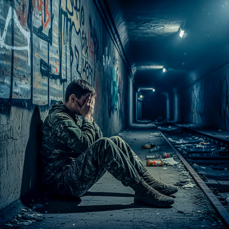 Young man in camouflage clothing sits in a dimly lit tunnel, covering his face with hands, surrounded by graffiti and litter, conveying feelings of hopelessness and addictionの素材