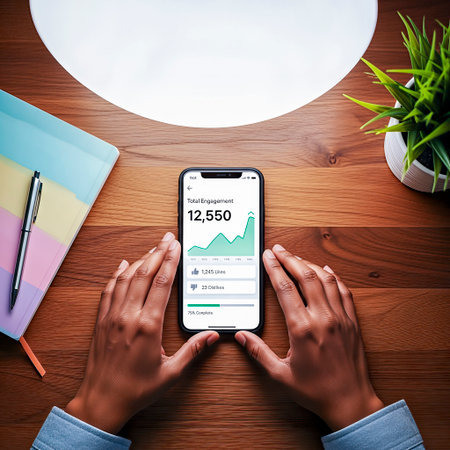 African American womans hands are engaged with smartphone showing social media metrics on wooden desk, surrounded by stationery and a small plant, illustrating modern connectivityの素材