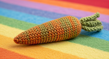 Knitted carrot object in soft pastel hues, placed on a colorful striped surface, embodying cozy minimalism and playful design elements with copy spaceの素材